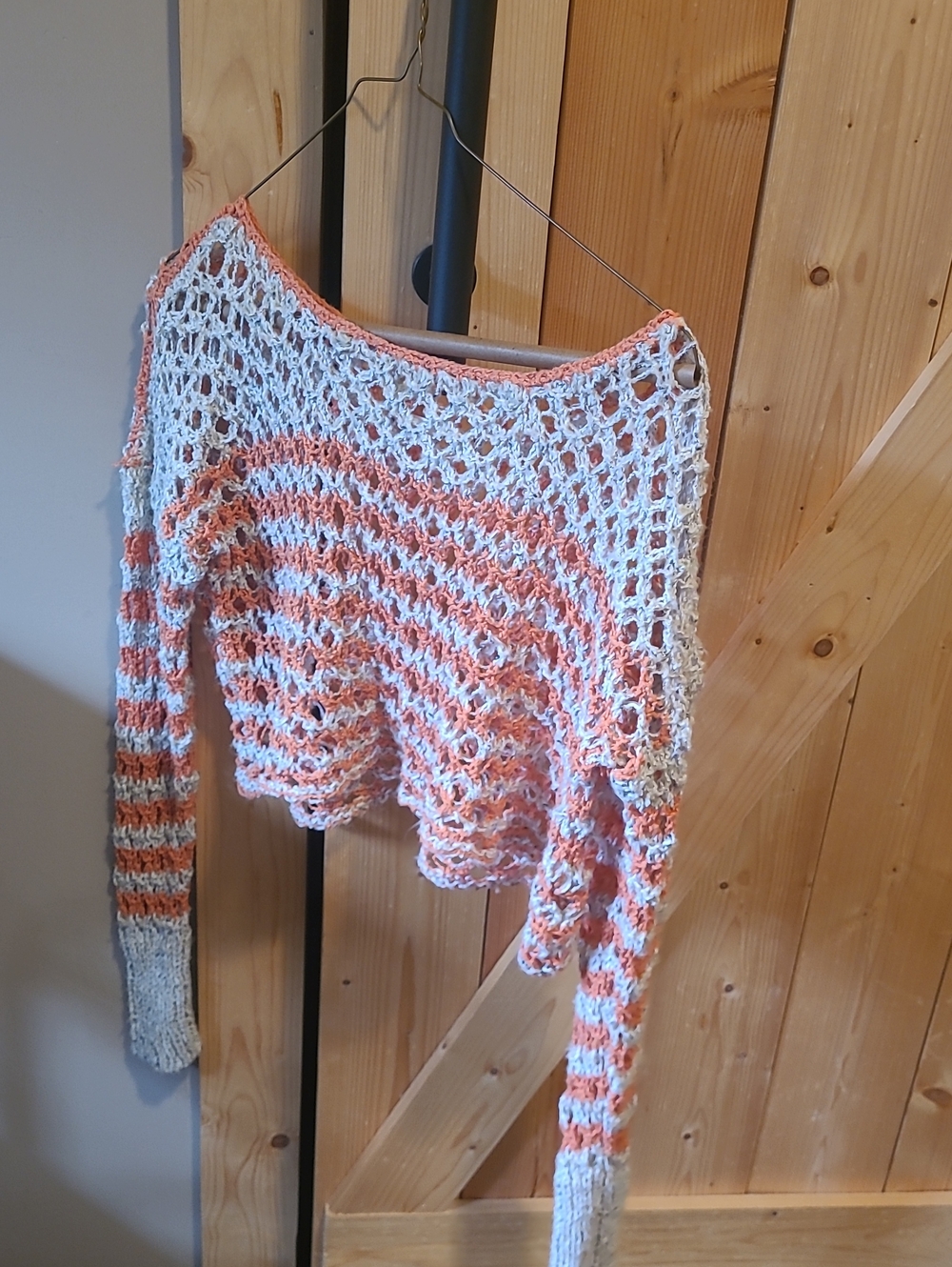 Free People Open-Knit Off-Shoulder Striped Sweater in Coral and Cream